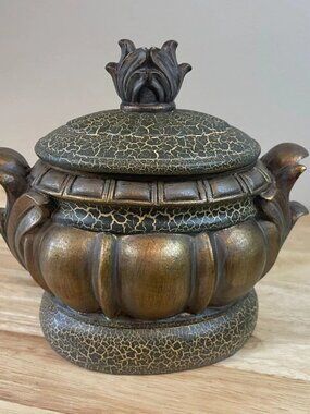 Vintage Bronzed Resin Lidded Canister Tureen Alligator Texture Leaf Handles
